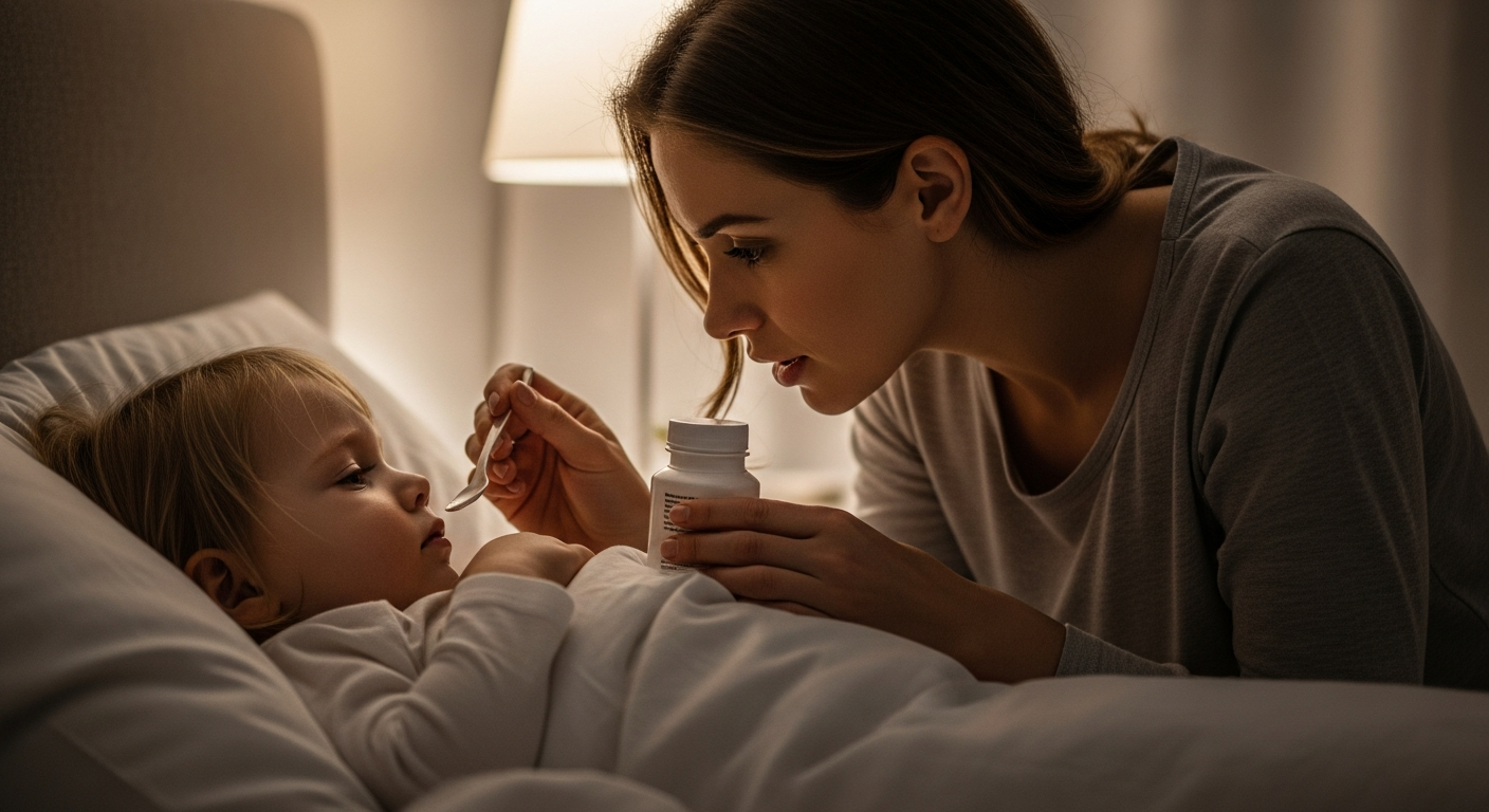 A mother gives cough medicine to her toddler in bed.