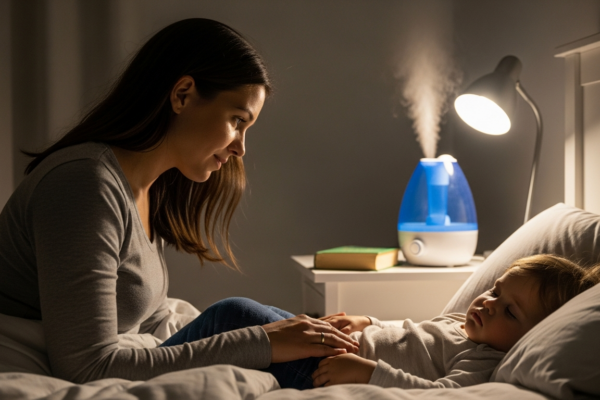 Mother watching her sleeping toddler in a bedroom.