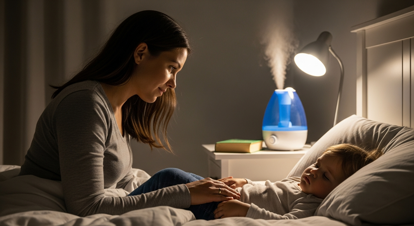 Mother watching her sleeping toddler in a bedroom.