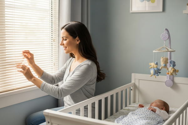 A mother adjusts blinds in a baby's room.