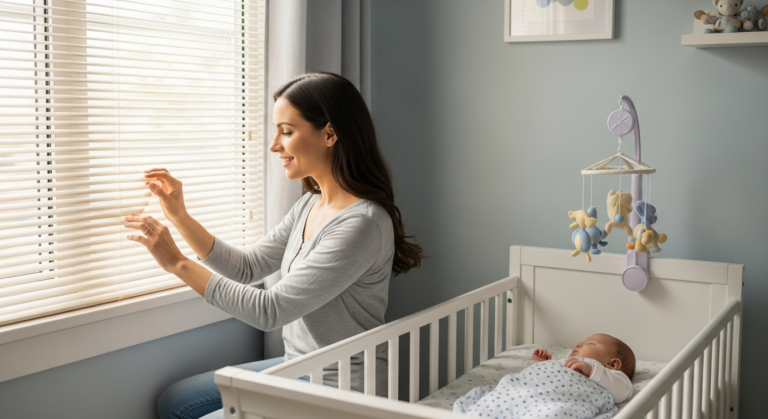 A mother adjusts blinds in a baby's room.
