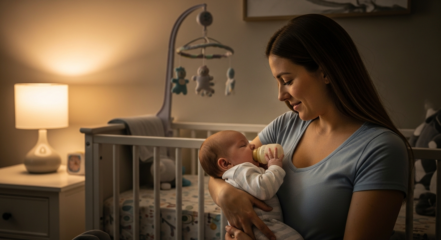 A woman is dream feeding her baby in a nursery.