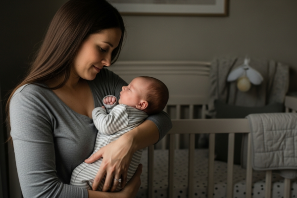 A mother is dream feeding her baby in a nursery.