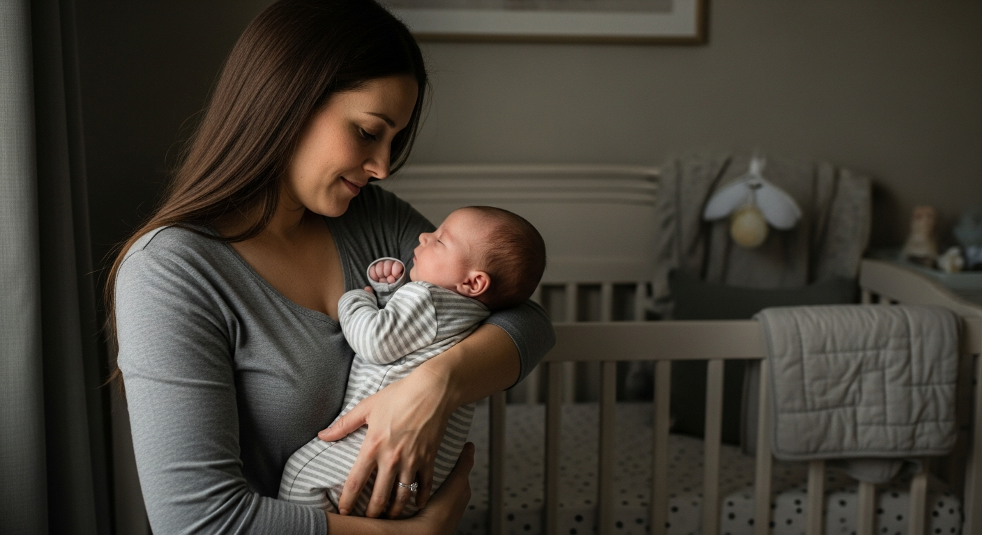 A mother is dream feeding her baby in a nursery.