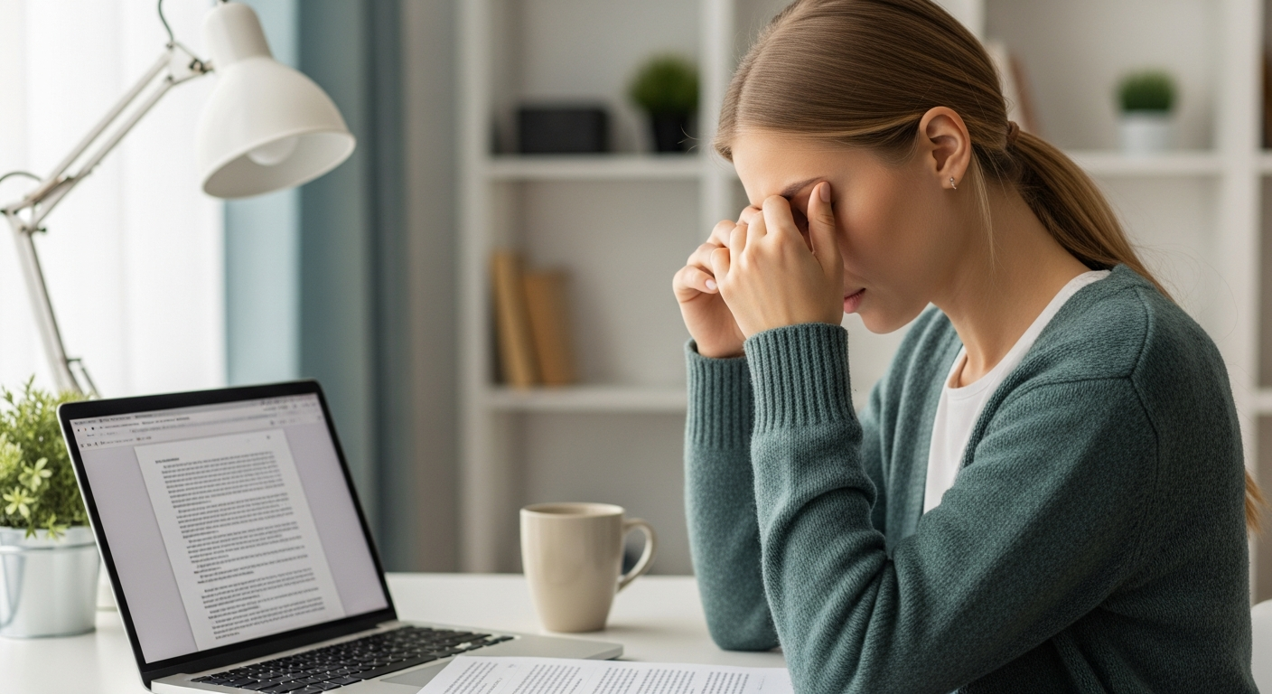 Tired woman rubbing her eyes while working at a desk.