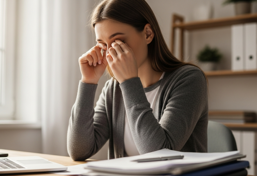 Tired woman rubbing her eyes at a desk