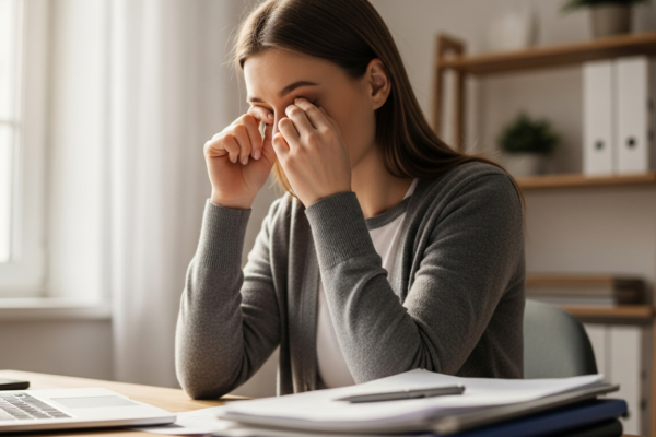 Tired woman rubbing her eyes at a desk