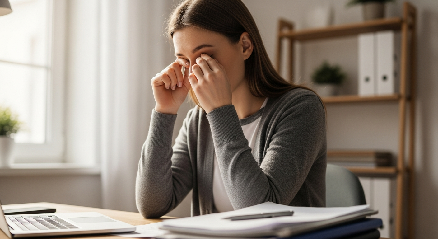 Tired woman rubbing her eyes at a desk