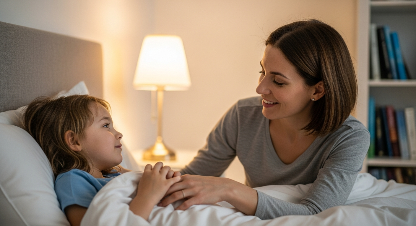A mother tucks her child into bed in a cozy bedroom.