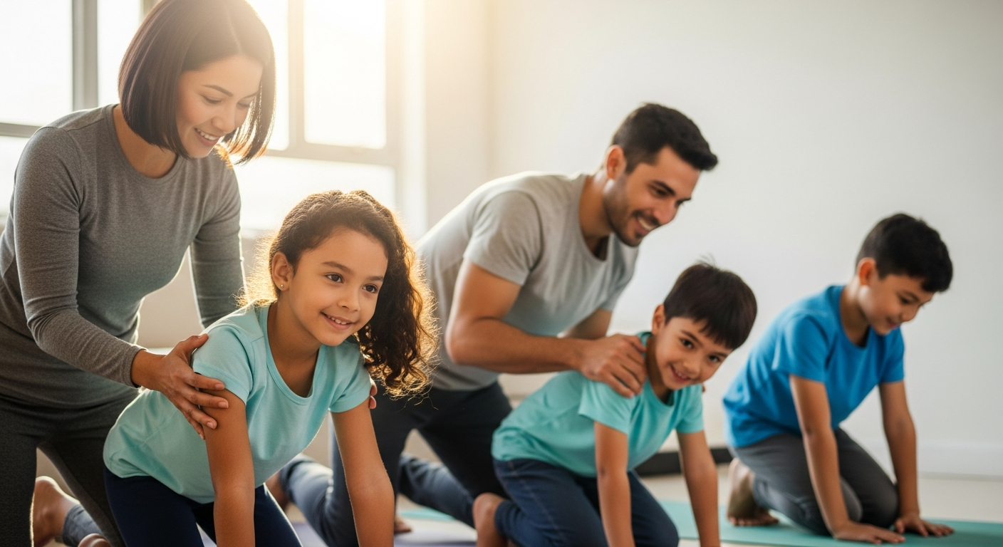 A family exercises together in their living room