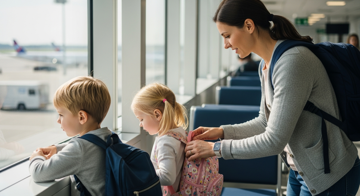 A mother and two children are at an airport gate.