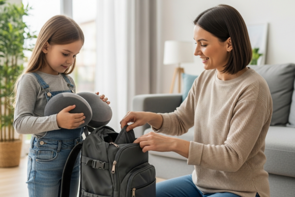 A woman helps a young girl pack for a trip.