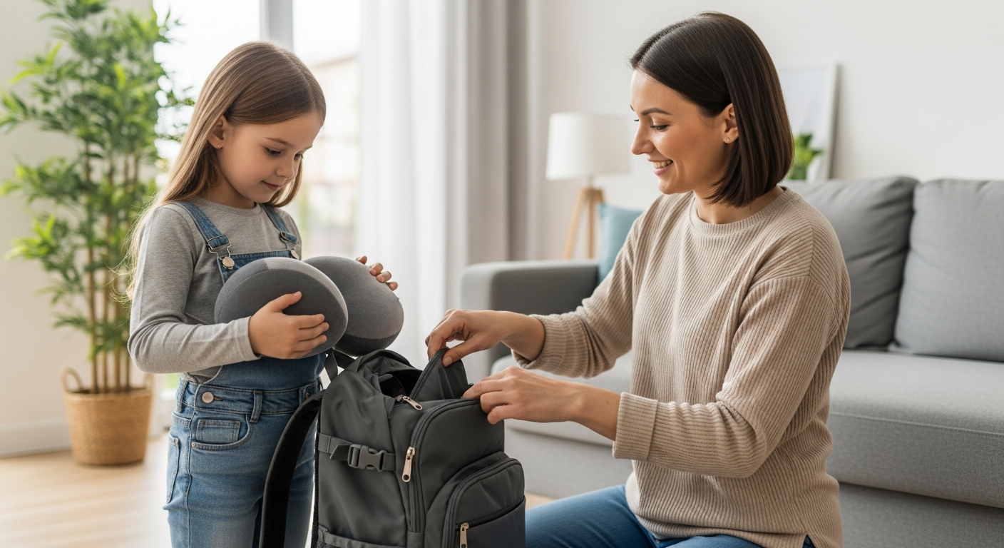 A woman helps a young girl pack for a trip.