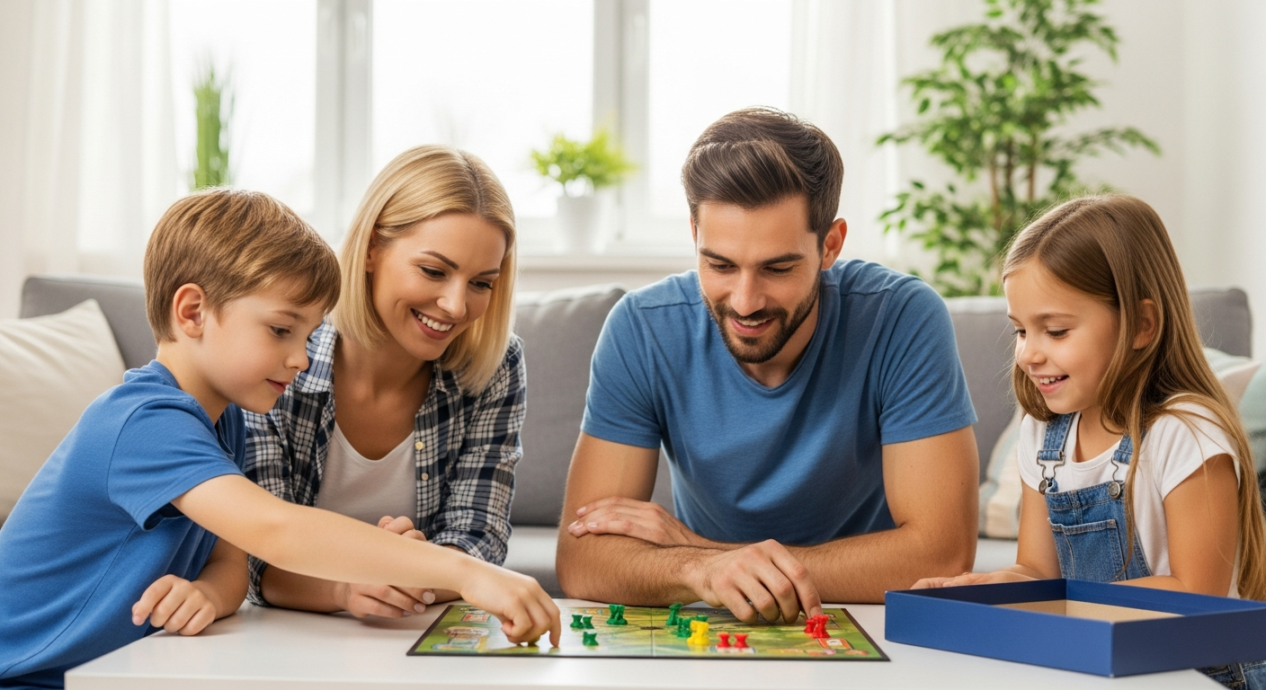 Family playing a board game together in their living room