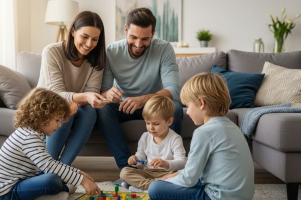 A family enjoys a board game together in their living room.
