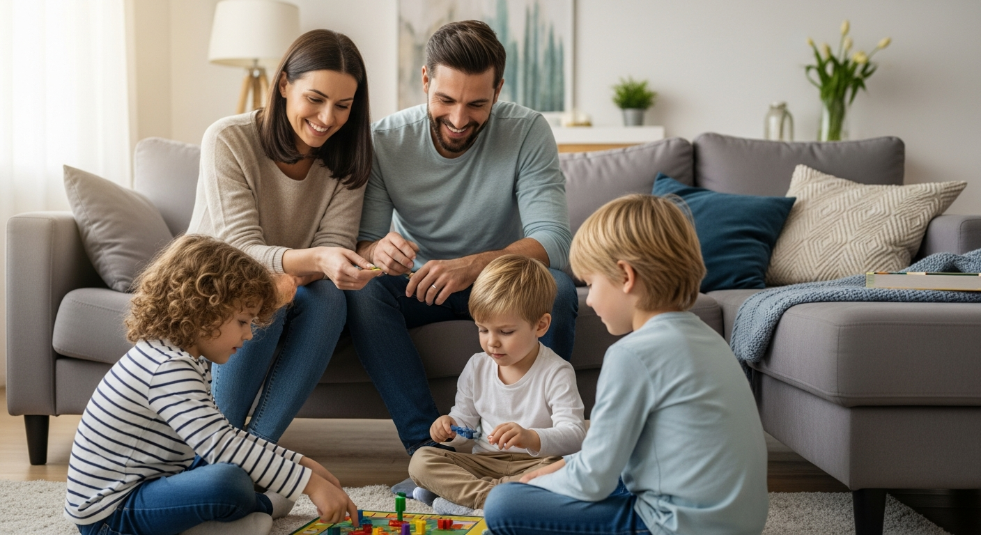 A family enjoys a board game together in their living room.