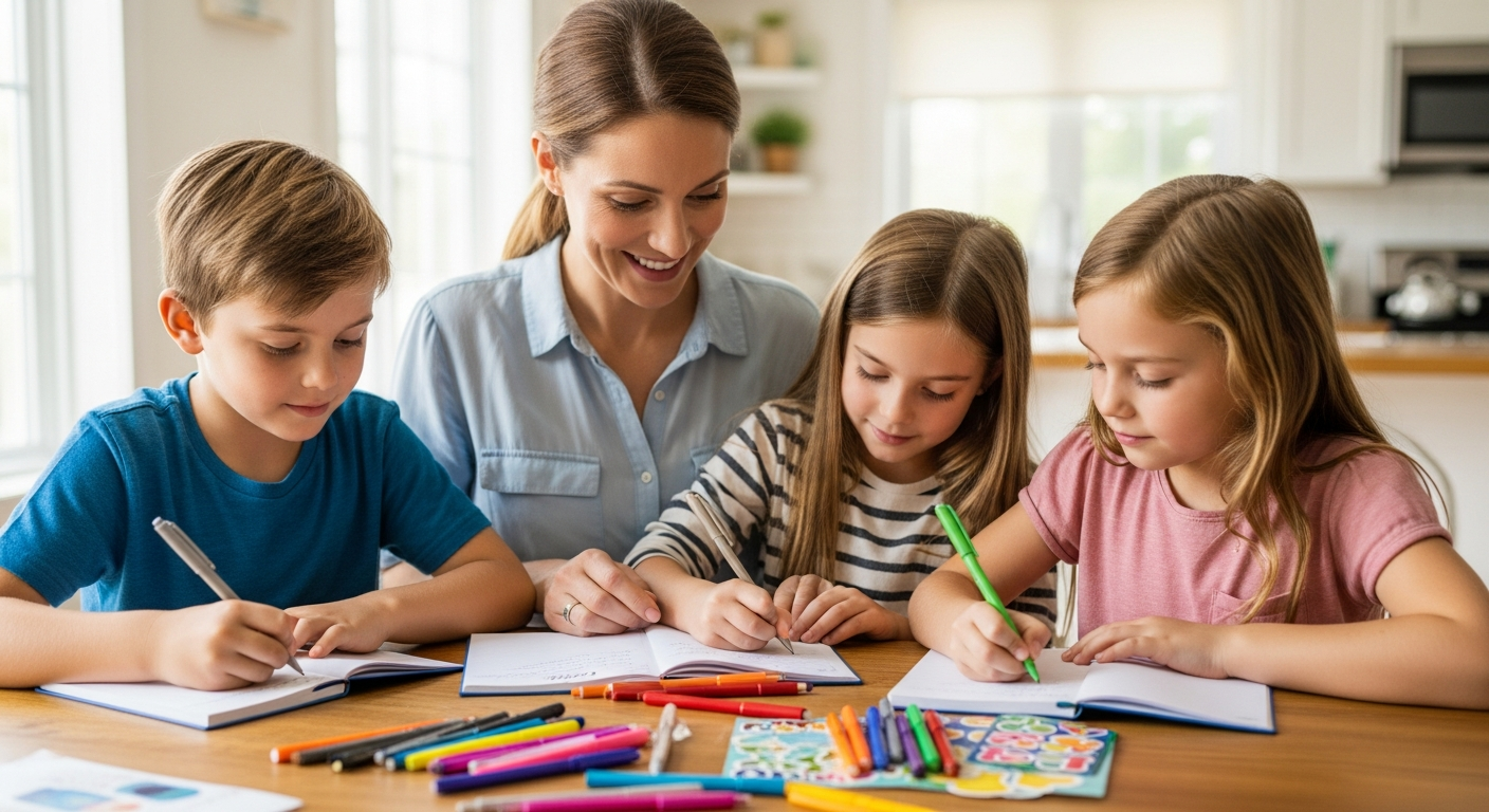 A mother helps her children write in gratitude journals at their kitchen table.