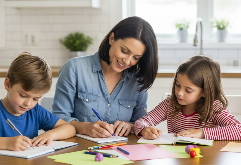 A mother helps her children write in gratitude journals at the kitchen table.