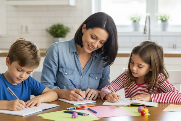 A mother helps her children write in gratitude journals at the kitchen table.