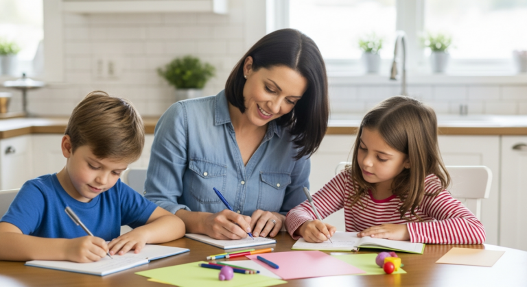 A mother helps her children write in gratitude journals at the kitchen table.