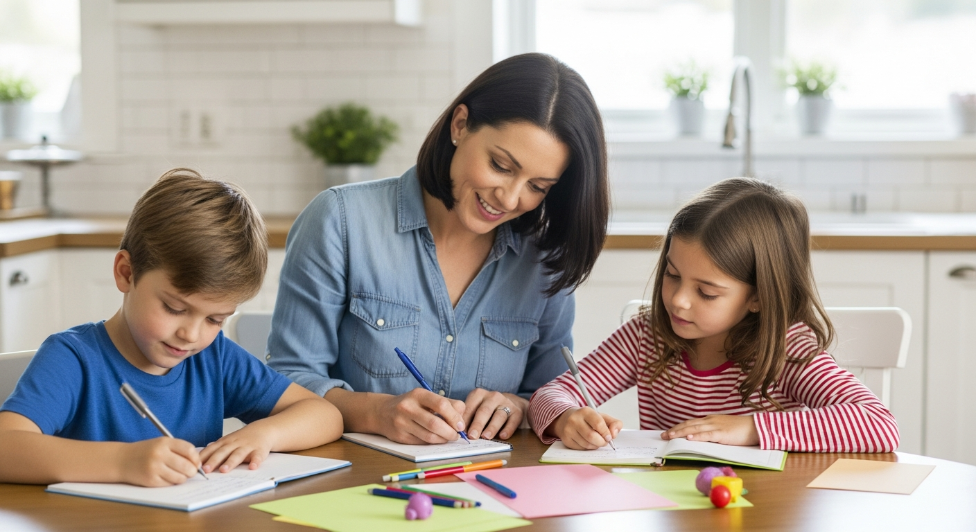 A mother helps her children write in gratitude journals at the kitchen table.