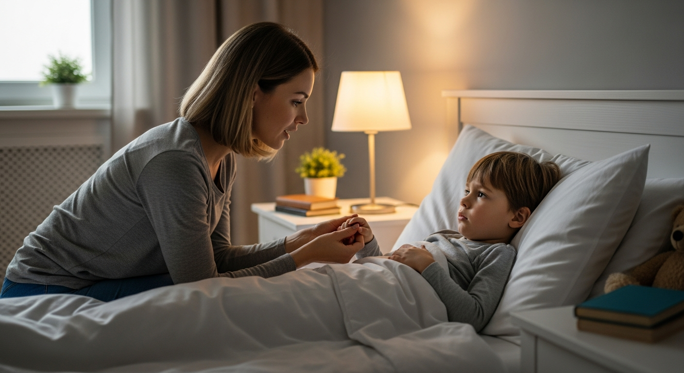 A mother calms her son during a bedtime tantrum.