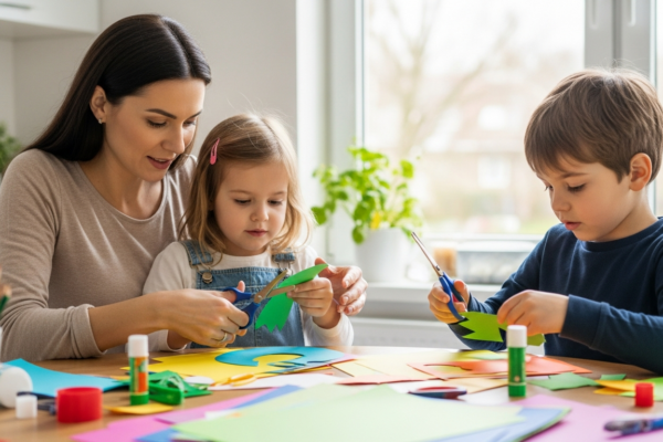 A mother and her children are doing arts and crafts at a table.