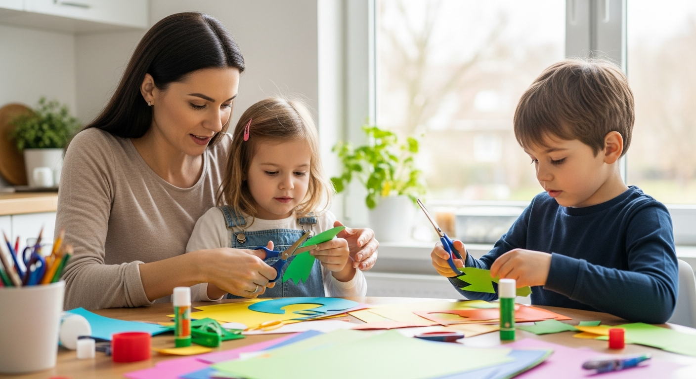 A mother and her children are doing arts and crafts at a table.