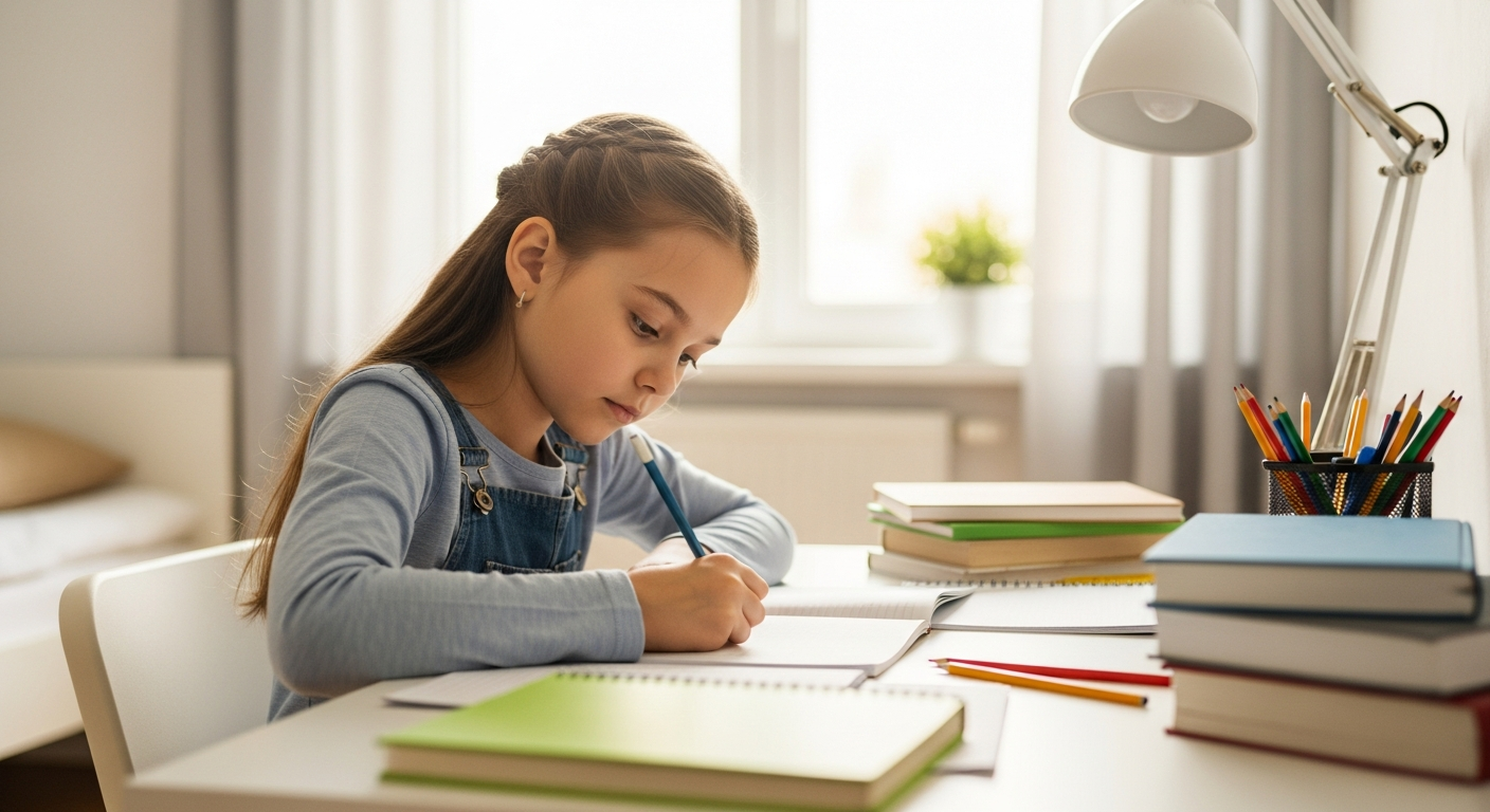 Elementary school girl doing homework at her desk