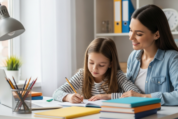 A mother helps her daughter with her homework at a desk.