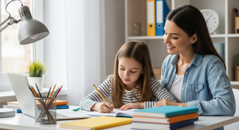 A mother helps her daughter with her homework at a desk.
