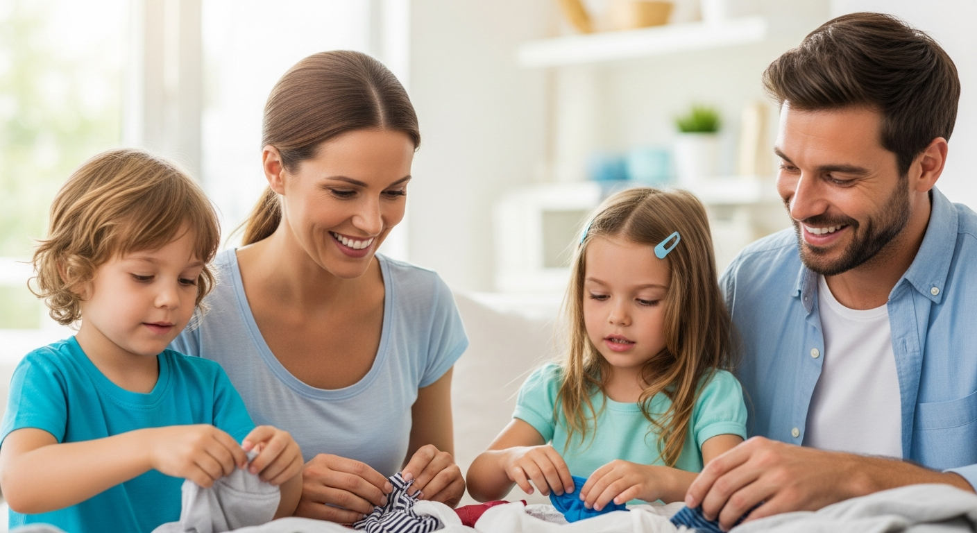 A mother, father, and two children folding laundry together in their living room.