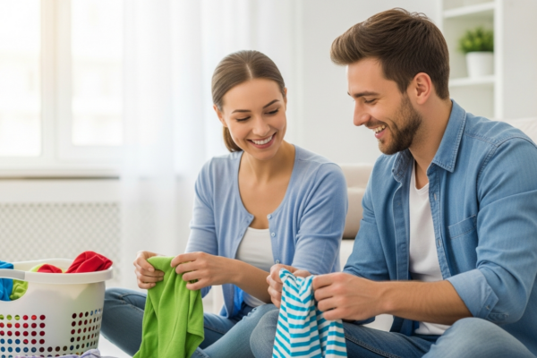 A man and a woman folding laundry together in their living room.