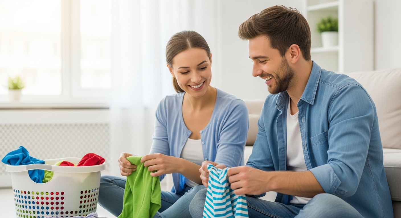 A man and a woman folding laundry together in their living room.
