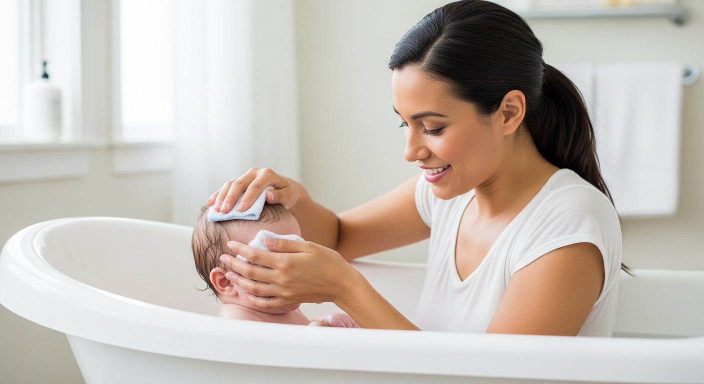 Mother bathing her infant in a baby bathtub