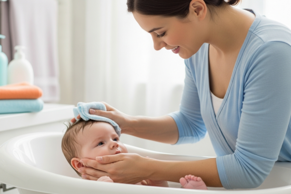 A mother bathes her baby in a small tub.