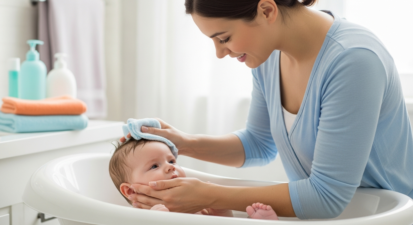 A mother bathes her baby in a small tub.