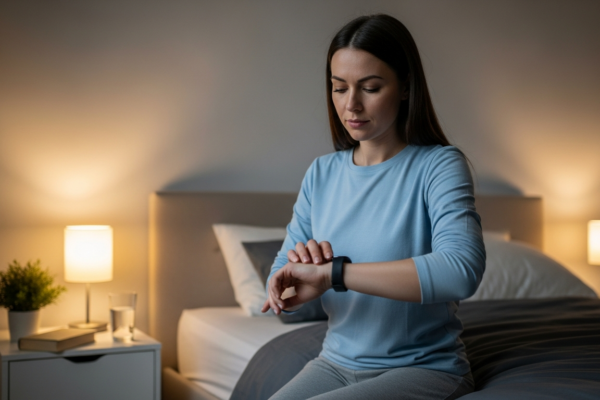 A woman checks her sleep tracker in a dimly lit bedroom.