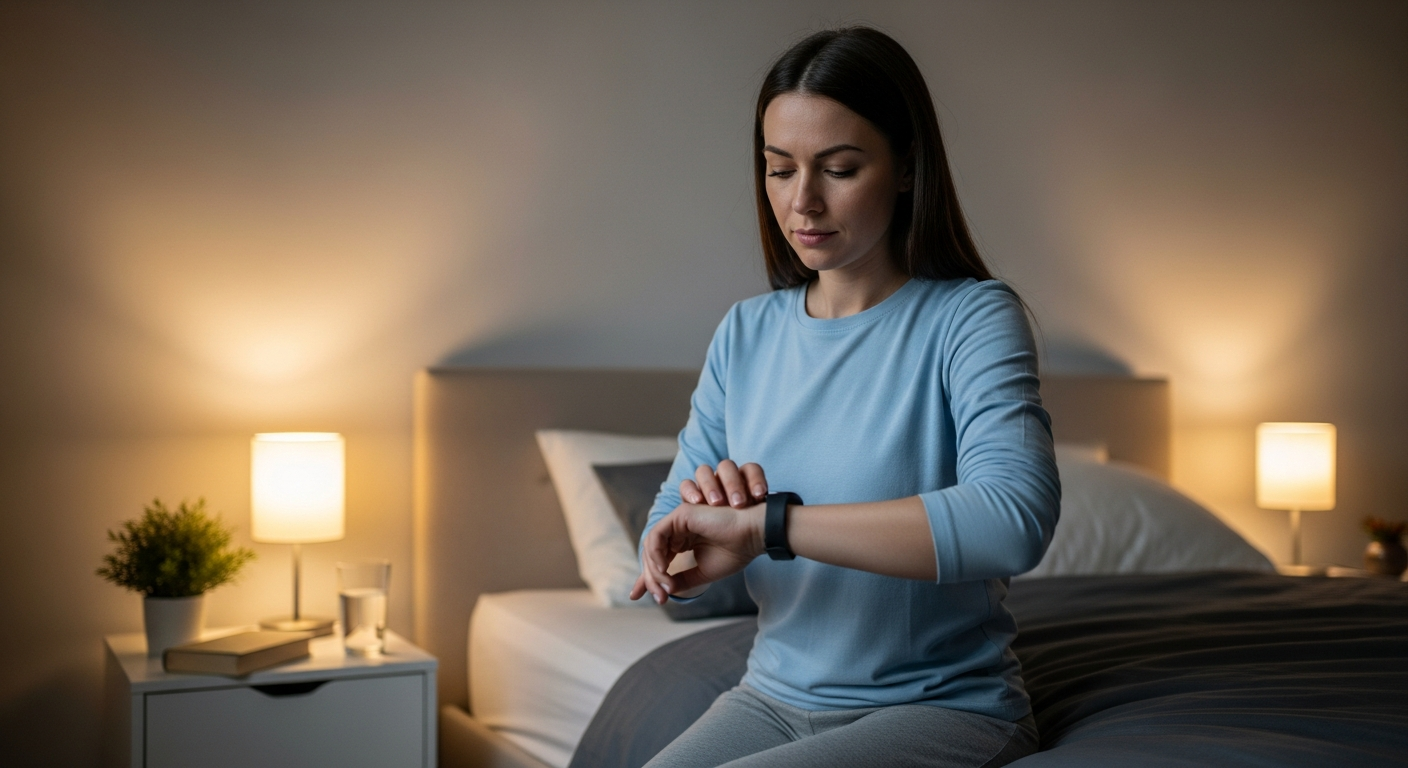 A woman checks her sleep tracker in a dimly lit bedroom.