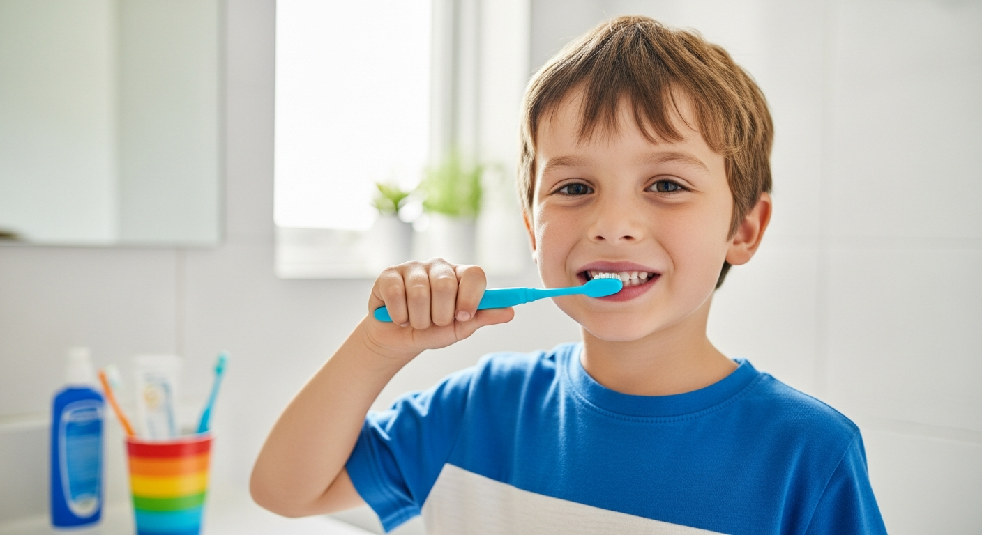 A boy brushes his teeth in the bathroom.