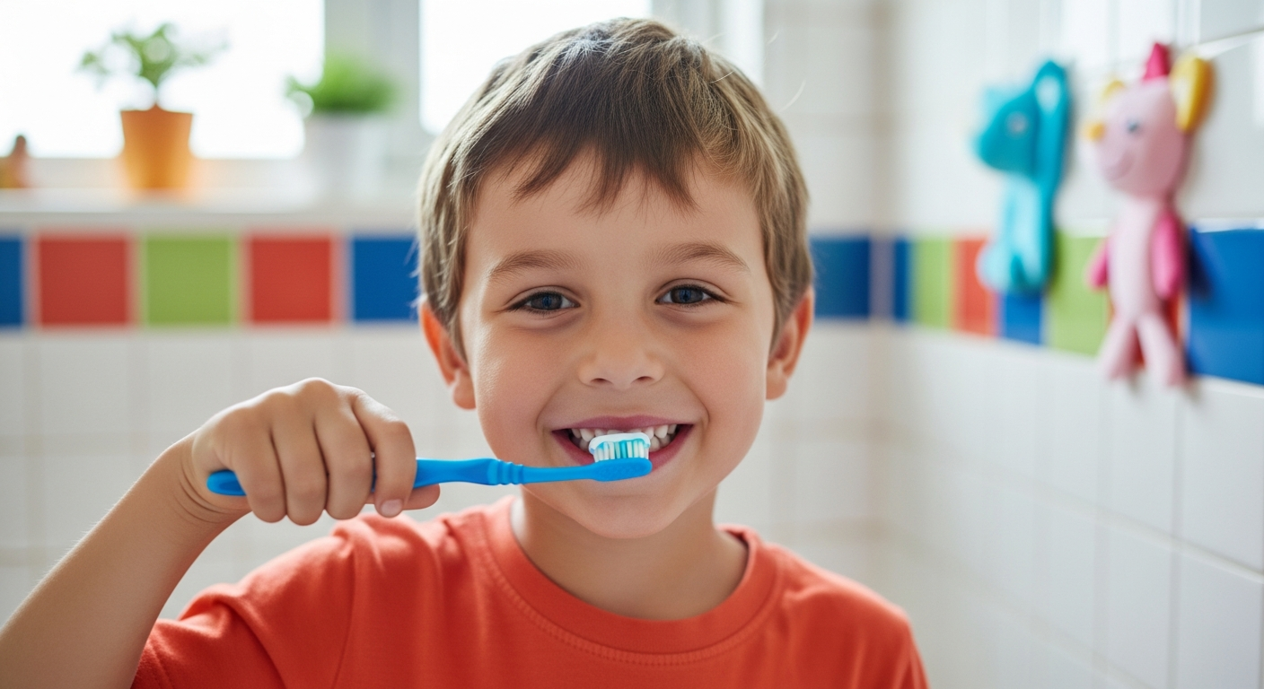 A young boy brushing his teeth in a bathroom.