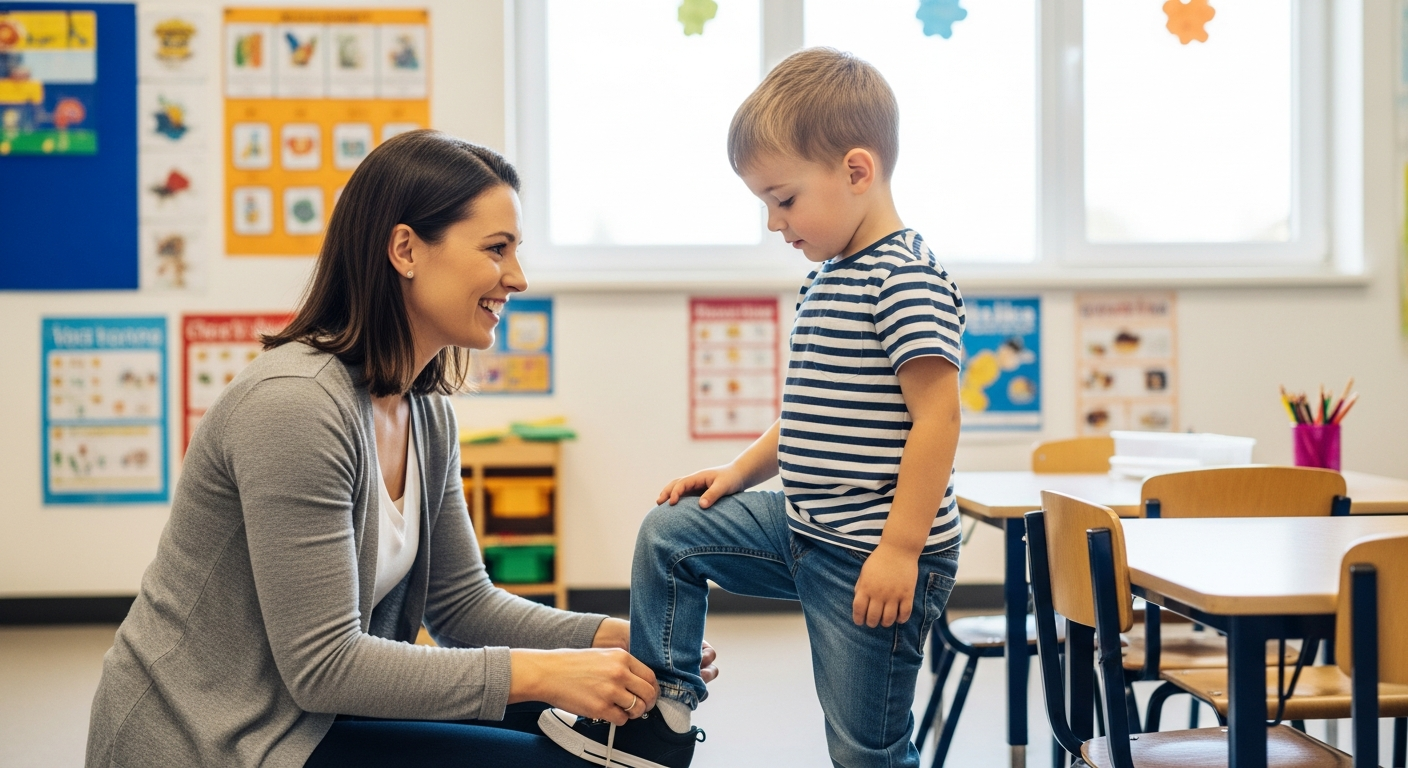 A woman helps a young boy tie his shoelaces in a classroom.