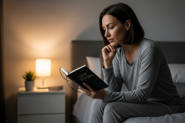 Woman sitting on her bed looking at a sleep journal