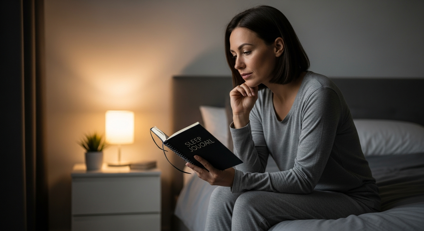 Woman sitting on her bed looking at a sleep journal
