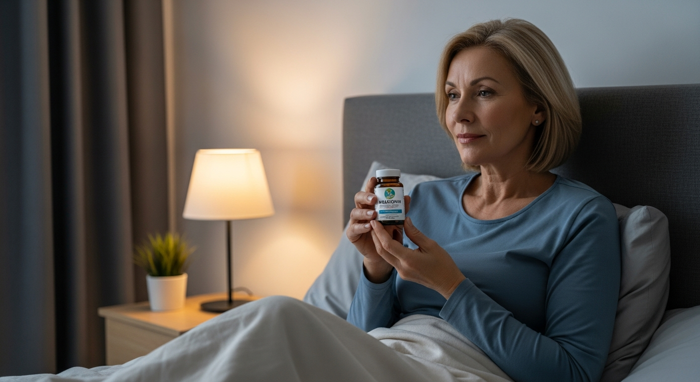 A woman holding a bottle of melatonin in her bedroom.