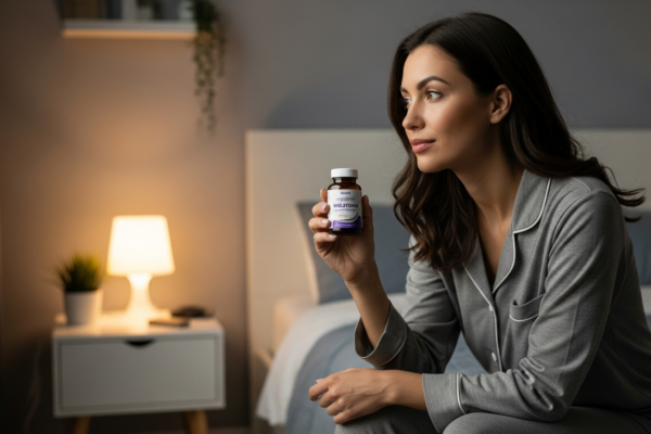 Woman holding a melatonin supplement bottle in her bedroom