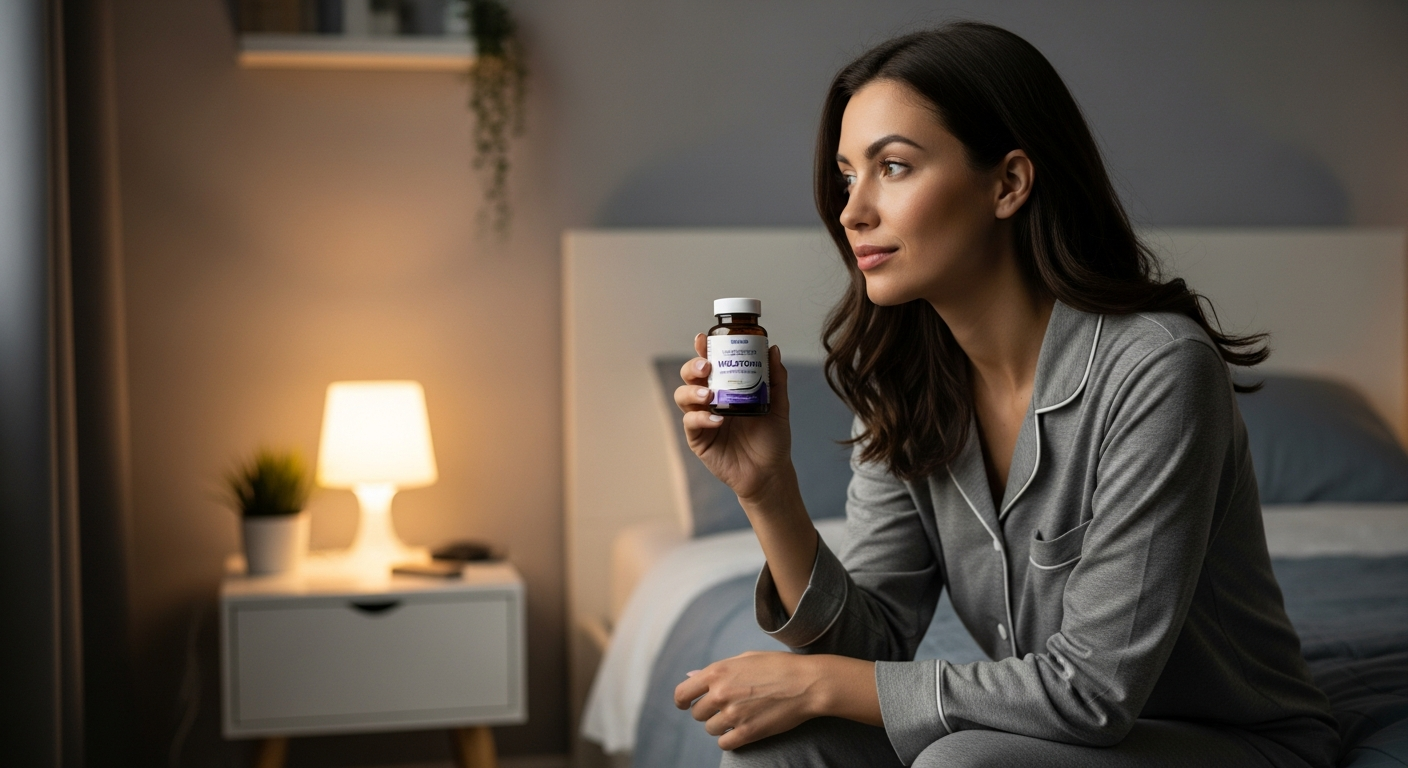 Woman holding a melatonin supplement bottle in her bedroom