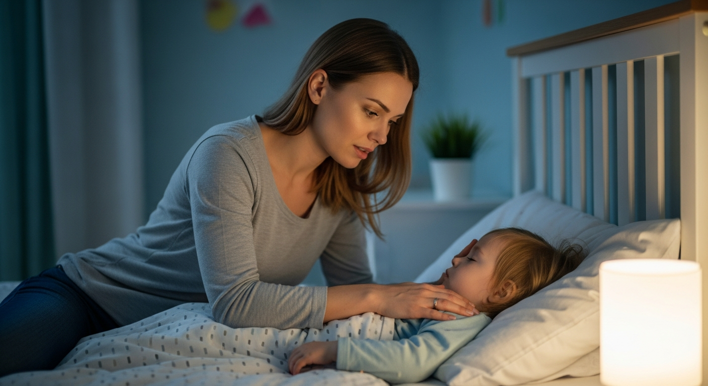 A mother comforts her toddler during a night terror.