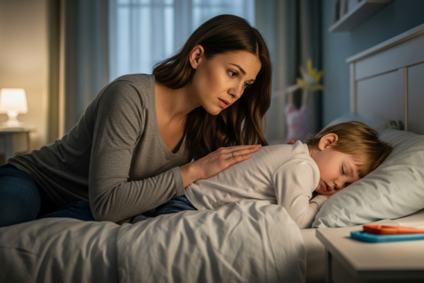 A mother comforts her toddler during a night terror.