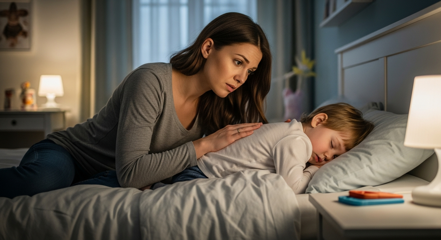 A mother comforts her toddler during a night terror.